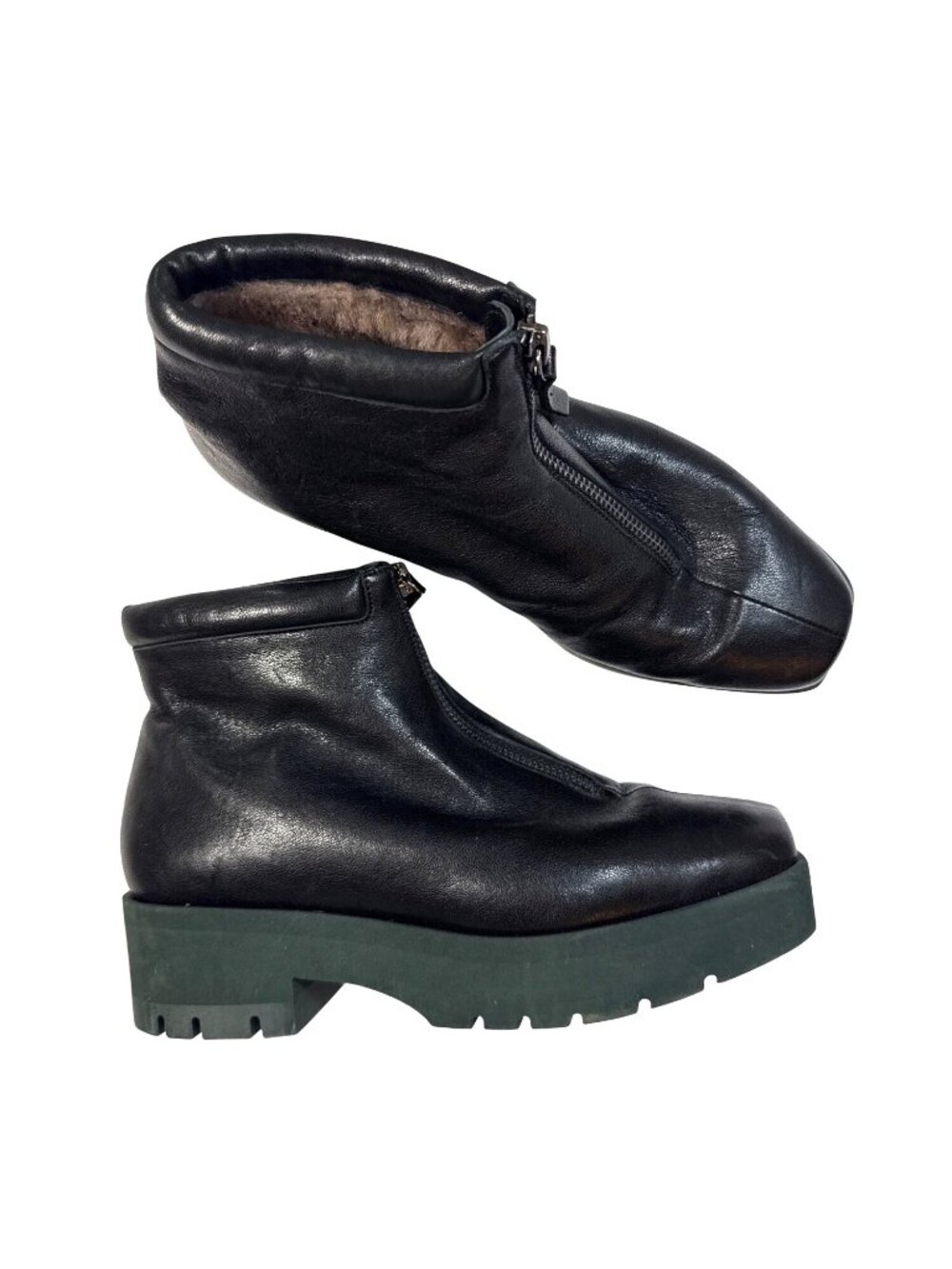RARE Coclico Black Leather Fur-Lined Ankle Boots With Trendy Green Sole Size 37